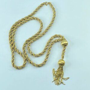 18K two tone rope twisted link adjustable clasp tassel heavy necklace 36" 95.1g
